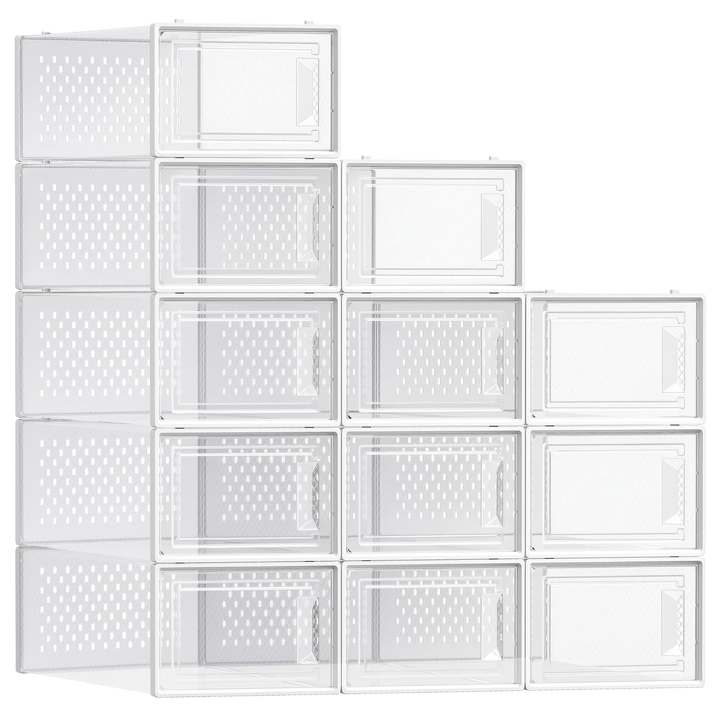 SONGMICS Shoe Boxes, Pack of 12 Shoe Storage Organizers, Stackable Clear Plastic Boxes for Closet, Sneakers, 13.1 x 9.1 x 5.6 Inches, Transparent and White ULSP12SWT