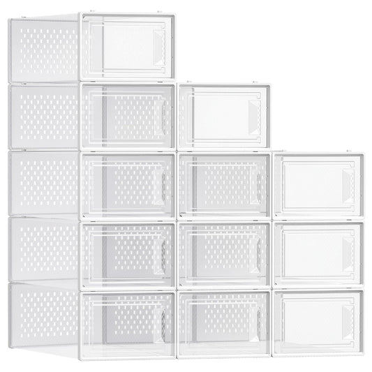 SONGMICS Shoe Boxes, Pack of 12 Shoe Storage Organizers, Stackable Clear Plastic Boxes for Closet, Sneakers, 13.1 x 9.1 x 5.6 Inches, Transparent and White ULSP12SWT