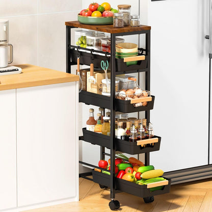 Slim Storage Cart with Wheels, Narrow Kitchen Rolling Cart, Black | 5-Tier Skinny Rolling Cart with Wooden Top & Lockable Wheels, Storage Organizer for Bathroom, Laundry Room, Narrow Space