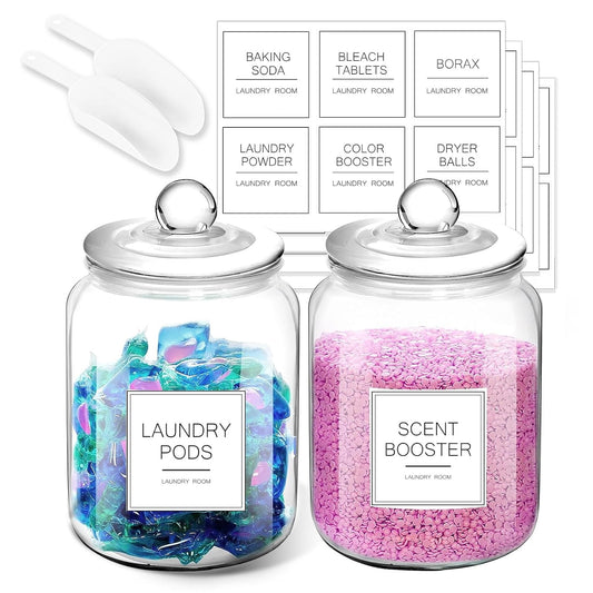 FyndraX Laundry Pods Glass Jars - Half Gallon Airtight Containers with Scoop and Labels for Organization and Storage Laundry Room Detergents Powder, Scent Booster Beads Holder, Set of 2