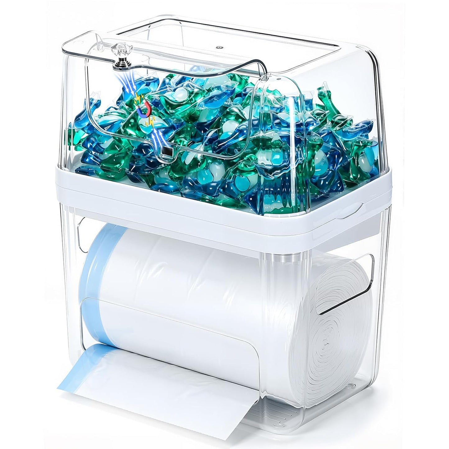 Trash Bag Dispenser & Dishwasher Pod Holder, 3-in-1 Trash Bag Holder Laundry Pods Container with Moisture-Proof Lid, Acrylic Garbage Bag Dispenser for Under Sink Organizer Laundry Room Organization
