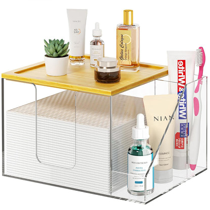 VITVITI Disposable Face Towel Holder Box, Acrylic Clean Skin Club Facial Towel Container, Large Disposable Face Towels Storage for Bathroom Vanity Makeup, Clear