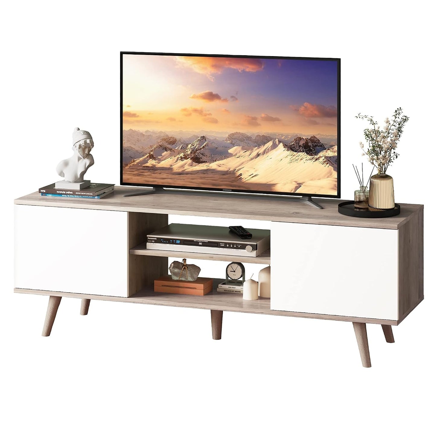 WLIVE Mid-Century Modern TV Stand for 55/60 Inch TV, Entertainment Center with Storage & Adjustable Shelves, Media Console with Soft-Close Cabinets for Living Room/Bedroom, Greige White