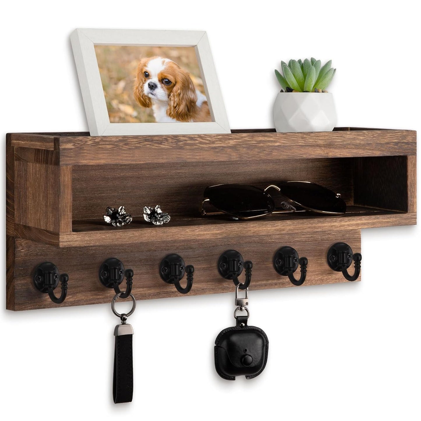 Key and Mail Holder Wall Mount, Key Hanger with Long Storage Box and 6 Hooks for Coat, Dog Leash, Home Decor Rack, House Accessories, Entry Way Organizer (Brown)