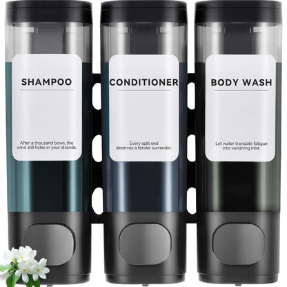 Shampoo Conditioner Shower Soap Dispenser 3 Chamber Wall Mount Black | Refillable. Leakproof 900ml. No-Drill Wall Mount. Soap, Shampoo, Conditioner, Body Wash, Shower Gel, Bathroom Set. BPA-Free.