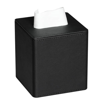 PU Leather Square Tissue Box Cover with Bottom, Black | Fits All Standard Cube Tissue Boxes, Modern Decorative Tissue Box Holder for Bathroom, Bedroom, Office, Living Room