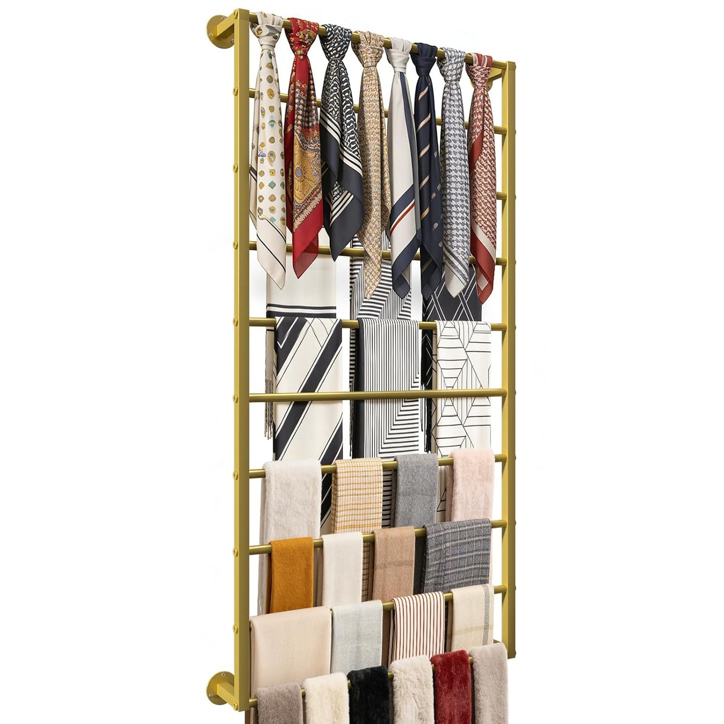 Wall Mounted Scarf Rack, Hijab Hanger Organizer (Gold, 10T-23.6×47.2IN) | Gold Metal Silk Scarves Racks Wrapping Tissue Paper Ribbon Holder Towels Storage Display for Flower Shop Retail Store