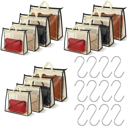 12 Pack Handbag Dust Bags, Clear PVC Purse Storage Organizer for Closet, Breathable Non-Woven Hanging Bags with Zipper & Handles, 4 Sizes (Beige)
