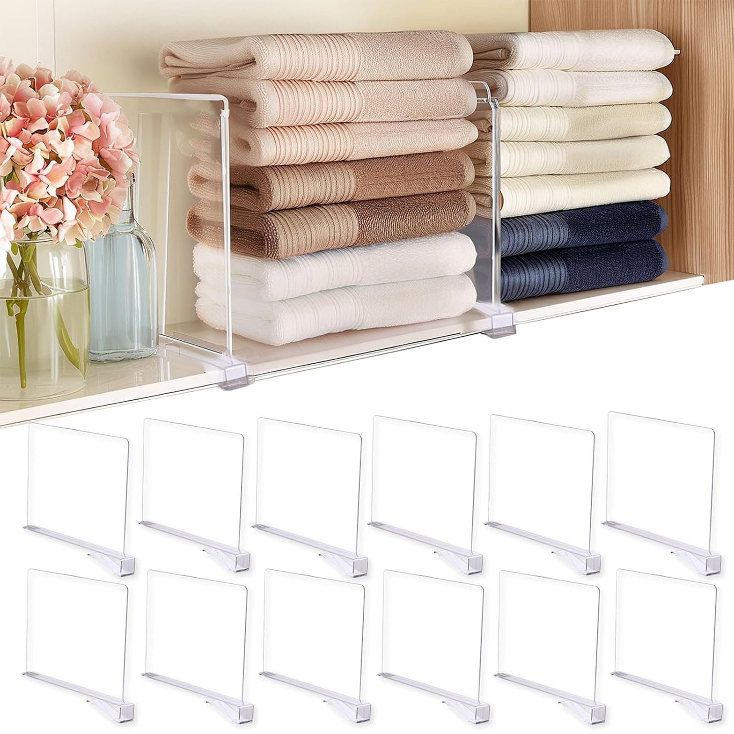 12Pcs Acrylic Shelf Dividers for Closet Organization, Purse Organizer for Closet | Clear Acrylic Shelf Dividers Closet Purse Organizer Closet Dividers for Bedroom, Kitchen, Bathroom, Book Cabinet Separators