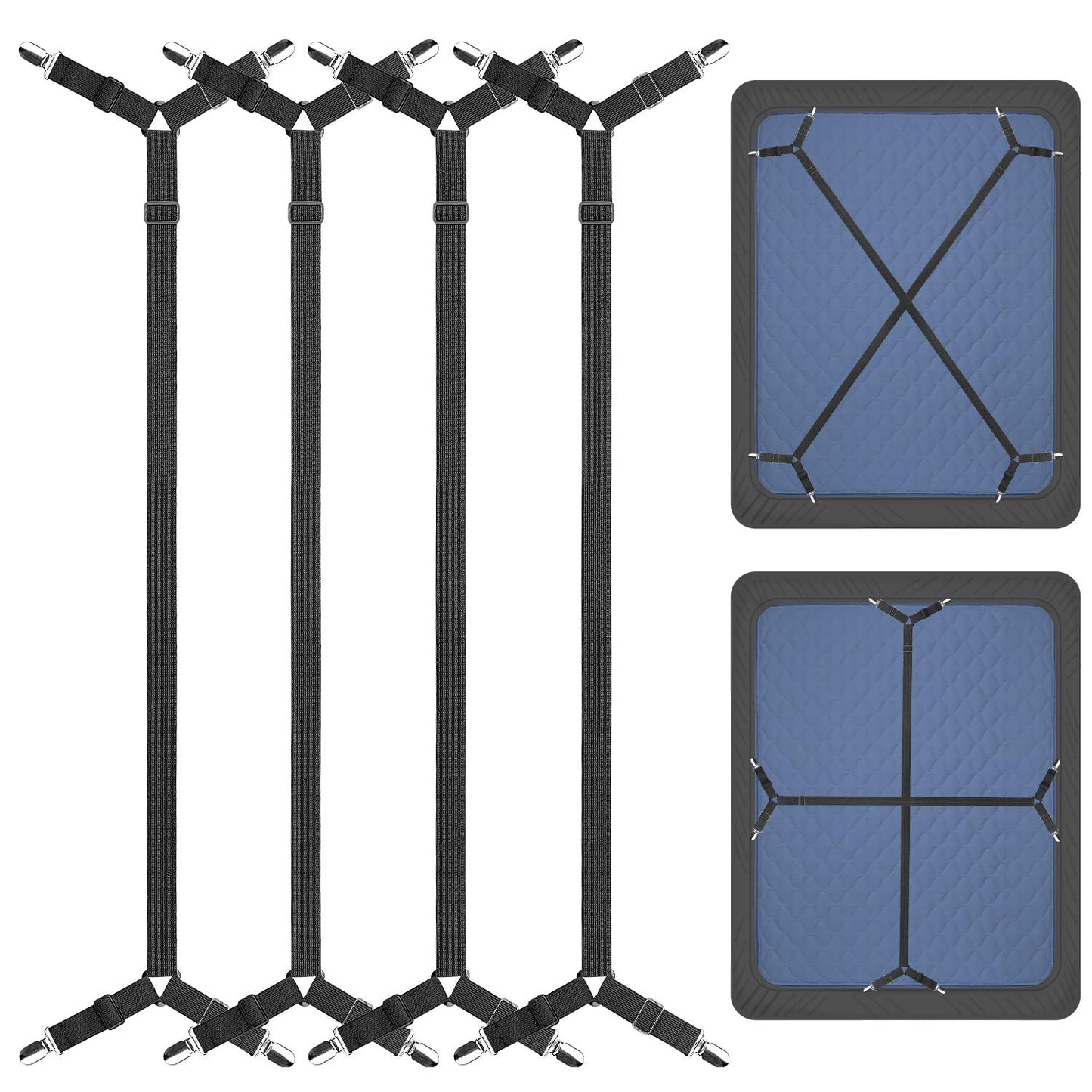 ZHOUBIN Bed Sheet Holder Straps, Adjustable Elastic Crisscross Bed Sheet Fastener Straps Grippers Suspenders for All Bed Sheets, Mattress Covers(2 Set/4Pcs, Black)