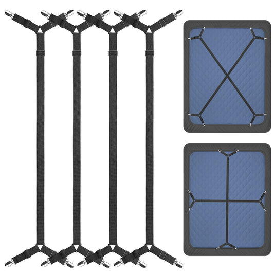 ZHOUBIN Bed Sheet Holder Straps, Adjustable Elastic Crisscross Bed Sheet Fastener Straps Grippers Suspenders for All Bed Sheets, Mattress Covers(2 Set/4Pcs, Black)