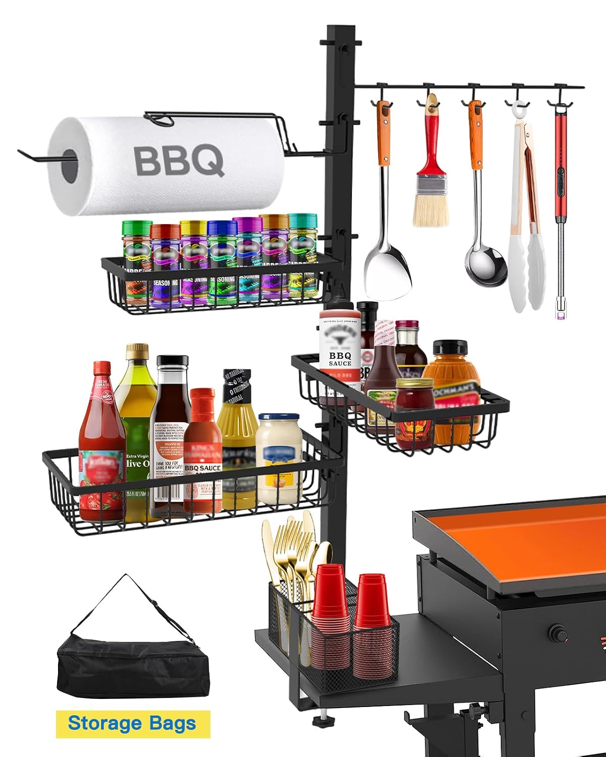 Griddle Caddy for Blackstone Griddle Accessories with Powder Coating, Black | Outdoor Kitchen Accessories, BBQ Grill Condiment Caddy with Paper Towel Holder, Camping Essentials Gifts for Husband & Him