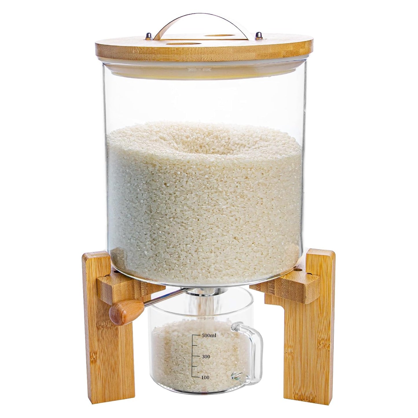 Rice Dispenser, Rice Storage Container, Flour and Cereal Container for Kitchen Organization and Pantry Store, Glass Cereal dispenser with Airtight Lid and Wooden Stand 5L