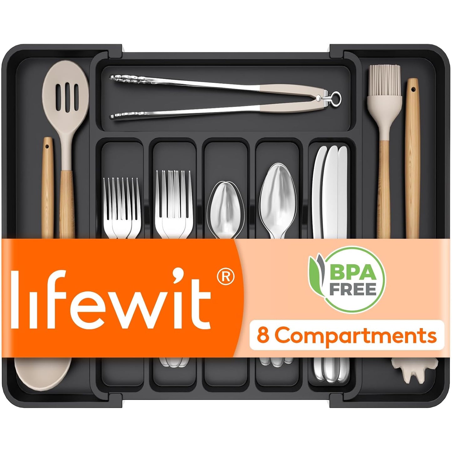 Expandable Silverware Drawer Organizer for Kitchen... (Black | Plastic)