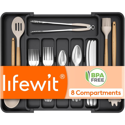 Expandable Silverware Drawer Organizer for Kitchen... (Black | Plastic)