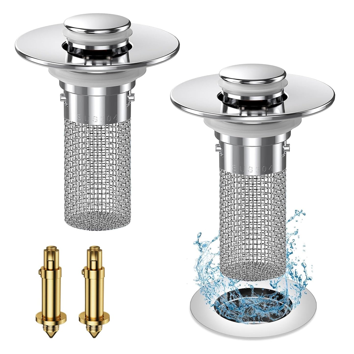 Vakabiu 2024 New Pop Up Bathroom Sink Drain Strainer Hair Catcher, Sink Drain Stopper with Removable Stainless Steel Filter Basket,for US Bathroom Sink Stopper Replacement (2PCS)