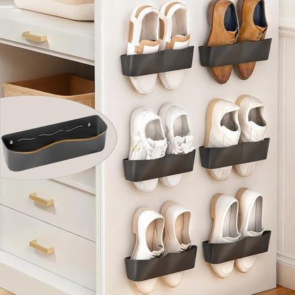 6Pack Wall Mounted Shoe Rack, Adhesive & Drill Mount - Black | Patent Protected, Reduce Clutter, Sturdy and Stable Hanging Shoe Organizer, Plastic Shoe Storage for RV, Camper, Closet Door