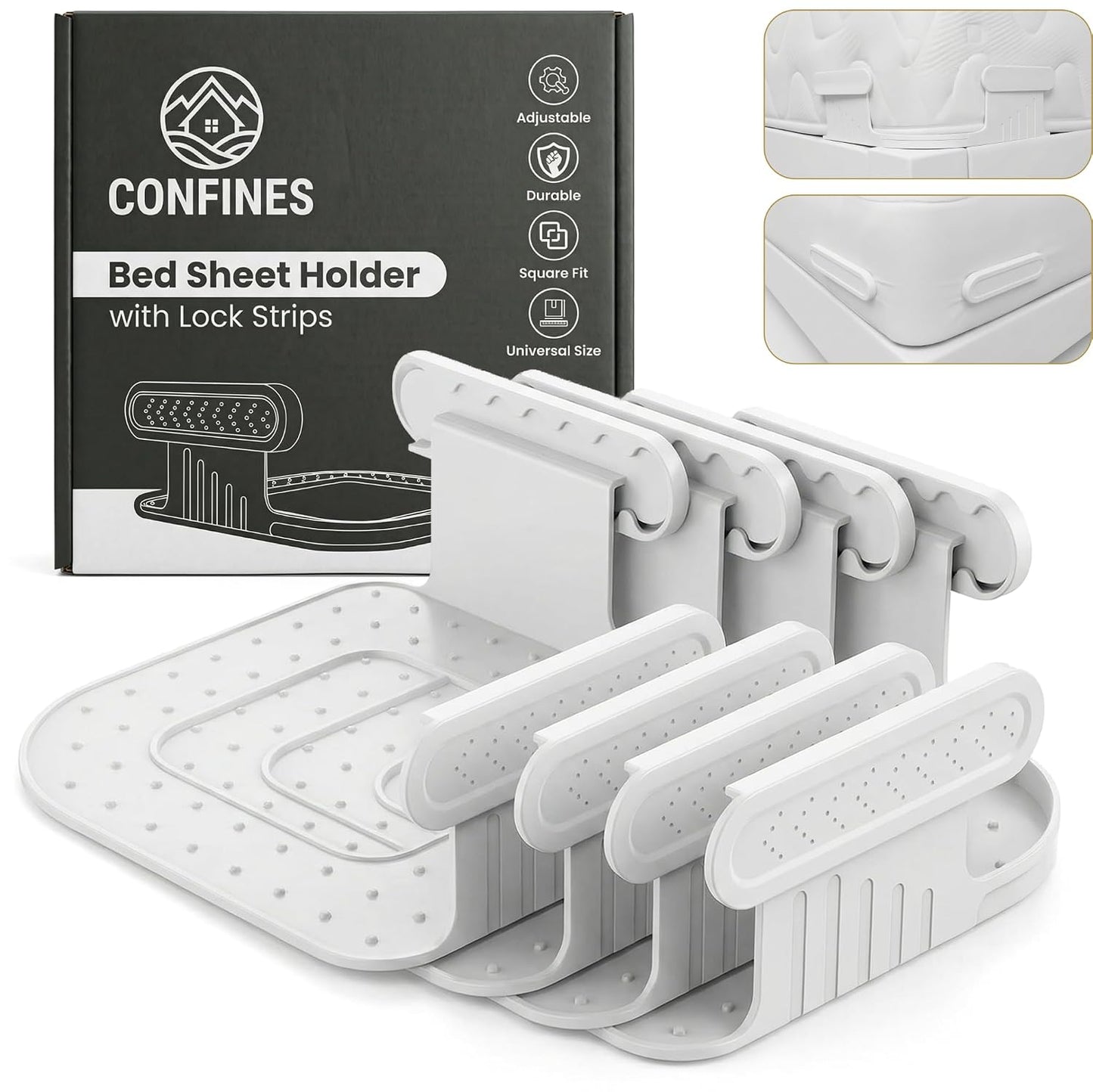 Bed Sheet Holders for Corners – 4PCS Locking Fitted Sheet Clips for All Mattress Sizes – Non-Slip Sheet Fasteners Keep Bedding Tight & Smooth – Easy One-Time Installation – Heavy-Duty Design (White)