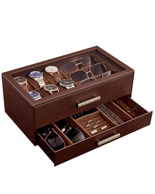 ProCase Watch Case, Mens Jewelry Box for 6 Watch & 5 Sunglasses -Brown | Pull-Out Drawer 2-Tier Leather Watch Organizer with Glass Display Top, fit Watches Size Up to 50 mm, Gift for Men & Women