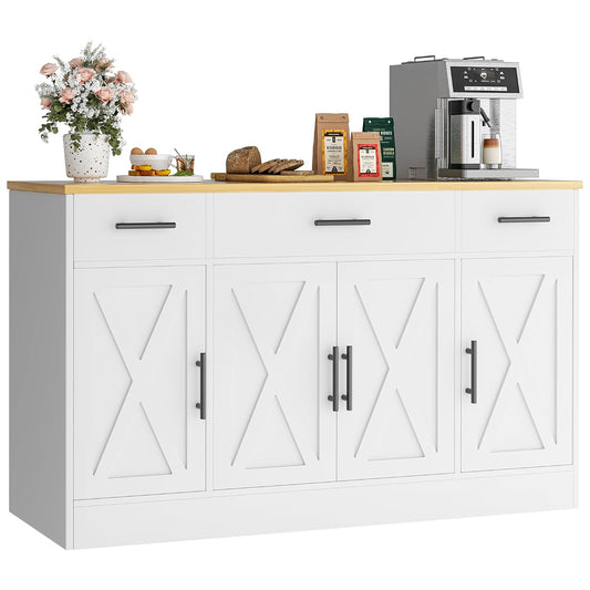 Vongrasig Buffet Cabinet with Storage, Farmhouse Coffee Bar Cabinet with Drawers, 53” Large Modern Sideboard Buffet with Adjustable Shelves for Kitchen, Dining Room, White