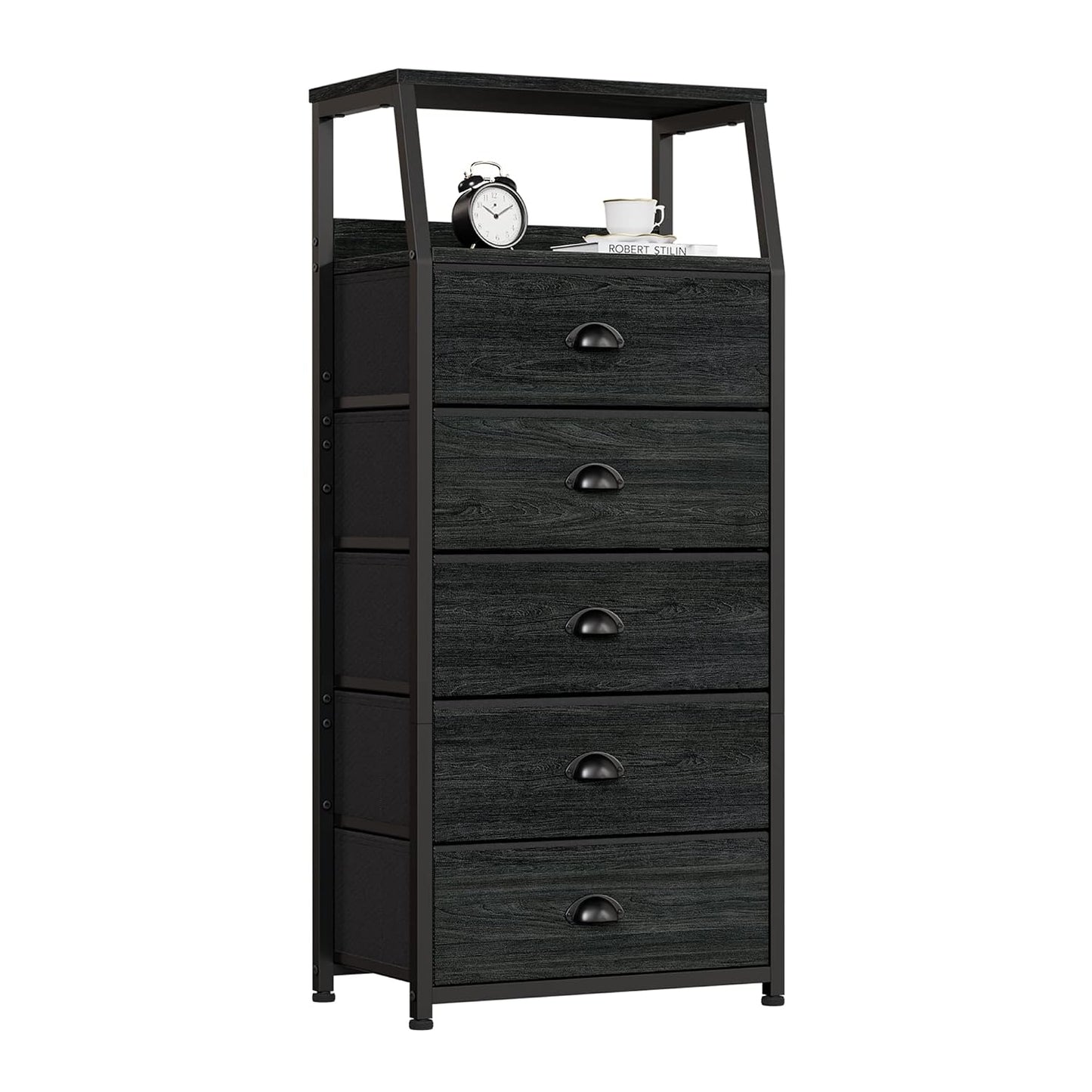 Black Dresser for Bedroom, Fabric Dorm Tall Nightstand | 5 Drawers Chests of drawers, Closet Organizer, Bedside Table Furniture for Living Room, Sturdy Steel Frame, Wood Top