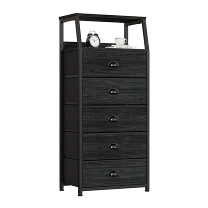 Black Dresser for Bedroom, Fabric Dorm Tall Nightstand | 5 Drawers Chests of drawers, Closet Organizer, Bedside Table Furniture for Living Room, Sturdy Steel Frame, Wood Top