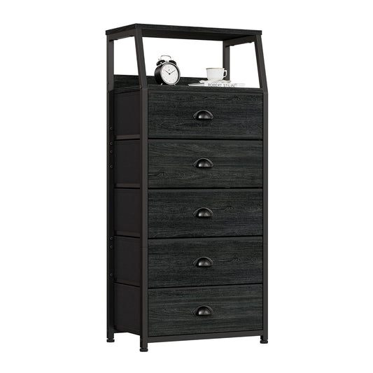 Black Dresser for Bedroom, Fabric Dorm Tall Nightstand | 5 Drawers Chests of drawers, Closet Organizer, Bedside Table Furniture for Living Room, Sturdy Steel Frame, Wood Top