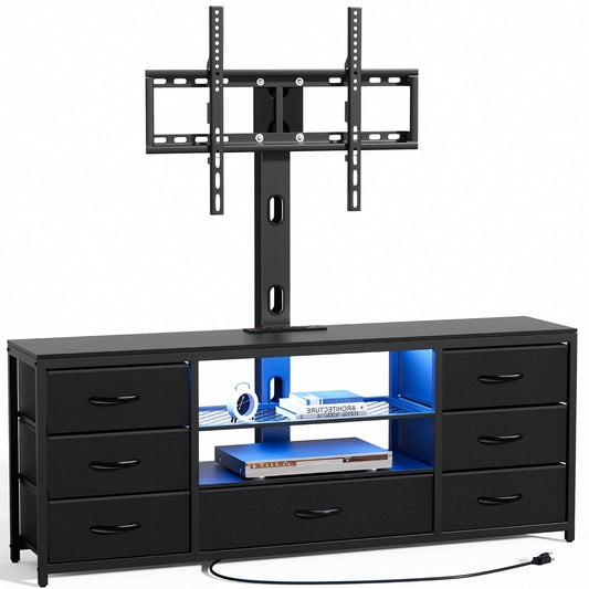 TV Stand with Mount, Entertainment Center for 55 60 65 70 inch TVs | TV Console with Power Outlets & Led Lights, 7 Fabric Drawers, For Living Room, Bedroom, Black Dresser with Open Storage