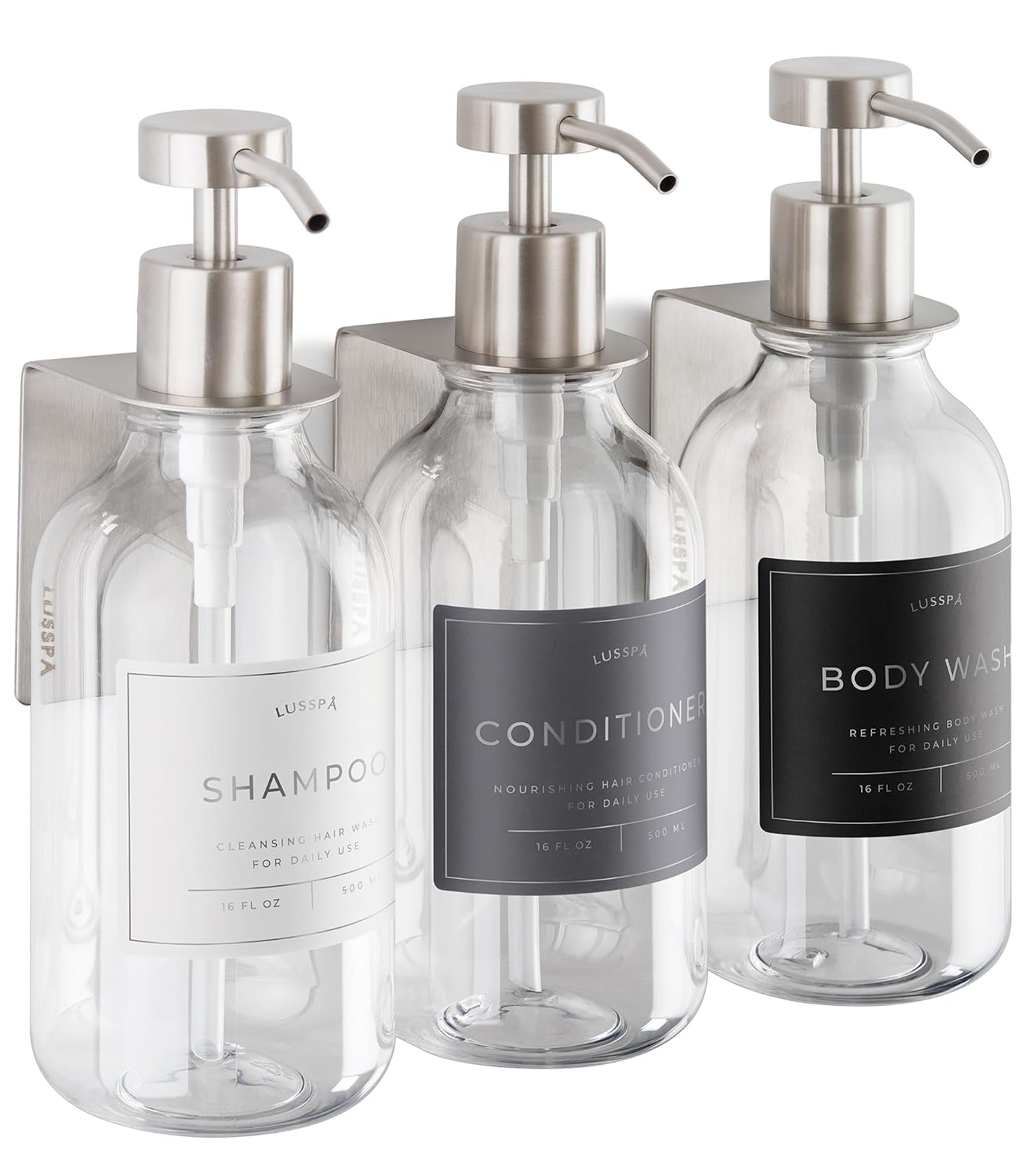 Shower Shampoo Dispenser Wall Mounted – 3 Refillable 16.9 oz Clear Bottles with Stainless Steel Pumps & No-Drill Adhesive Holders – Soap Dispenser Set for Bathroom (3 X Clear/Silver)