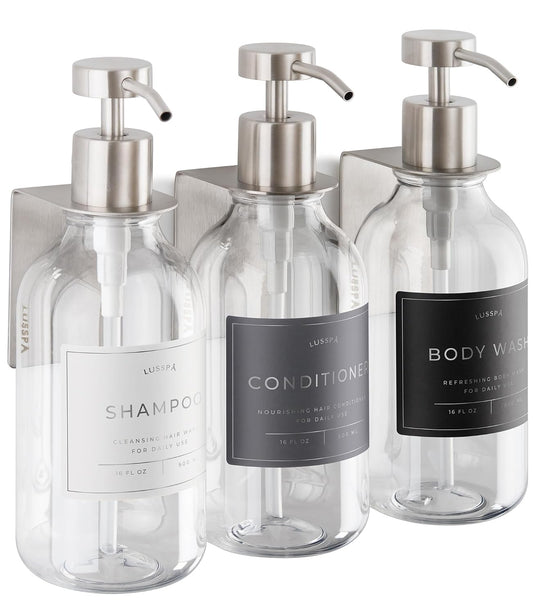 Shower Shampoo Dispenser Wall Mounted – 3 Refillable 16.9 oz Clear Bottles with Stainless Steel Pumps & No-Drill Adhesive Holders – Soap Dispenser Set for Bathroom (3 X Clear/Silver)