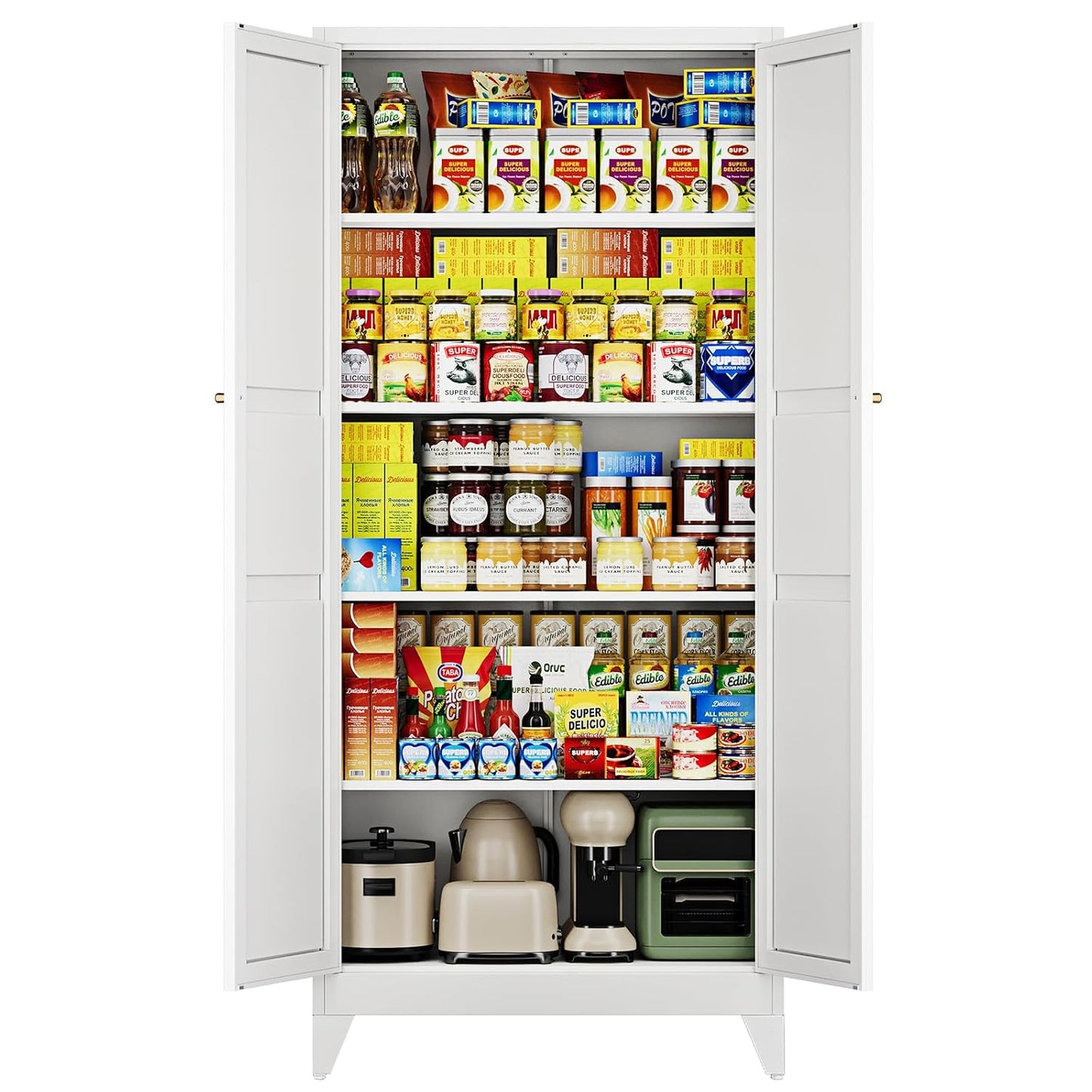 75" H Metal Storage Cabinet with 2 Doors and 4 Shelves,Tall Kitchen Pantry Cabinets,Farmhouse Utility Pantry Organizers for Cupboard/Dining/Bathroom/Home Office/Garage Room,White