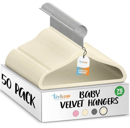 50 Premium Baby Velvet Hangers - 11.8" Non-Slip, Ultra-Slim Space-Saving Children Closet Hangers - 360° Swivel Hook, Strong & Durable Infant & Toddler Clothes Hangers for Wardrobe - Ivory