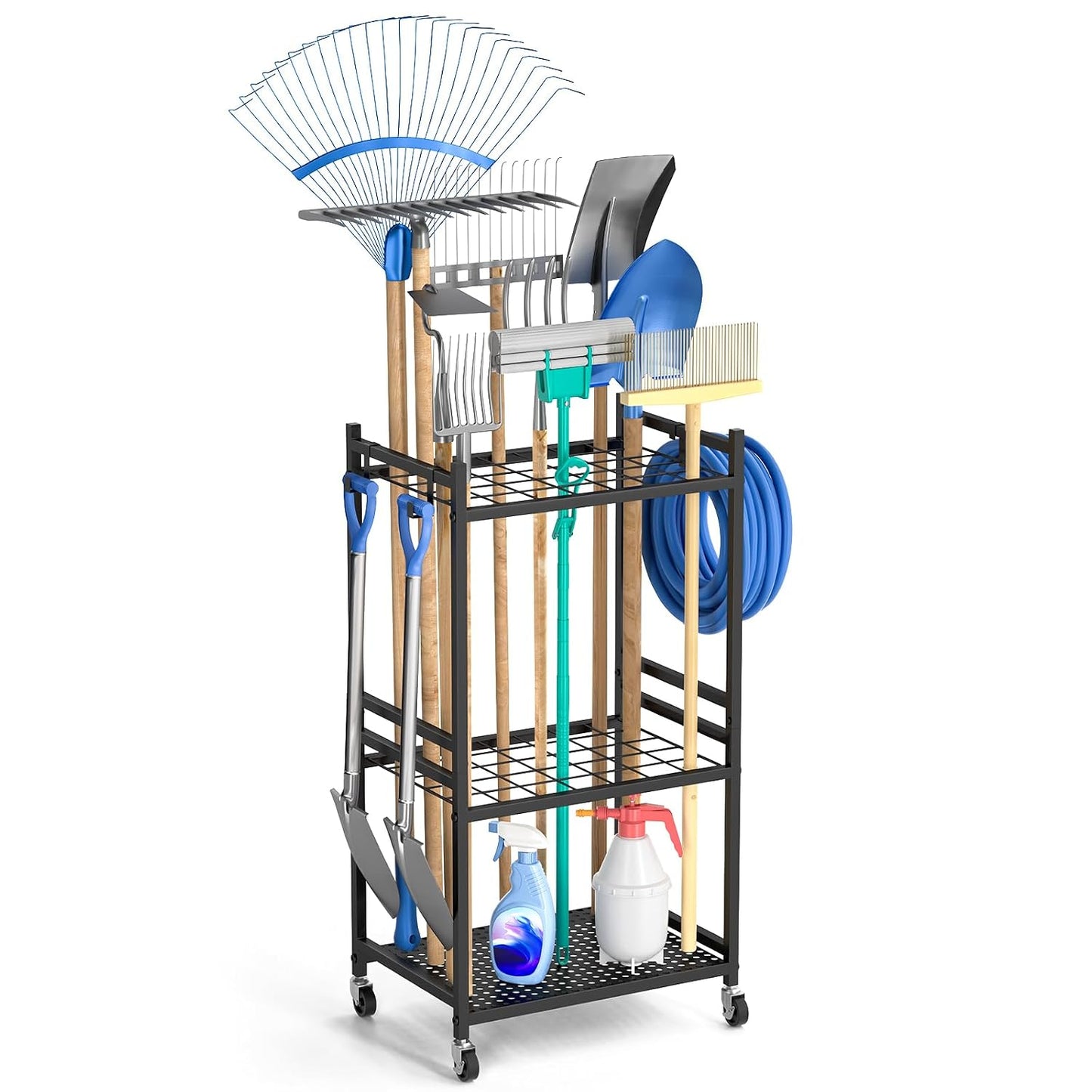 Garden Organizer With Wheels, Yard Tower Rack for Garage Storage, Up to 35 Long-Handled Tools, Sturdy Metal Steel Holder With 3 Hooks, Outdoor, Black