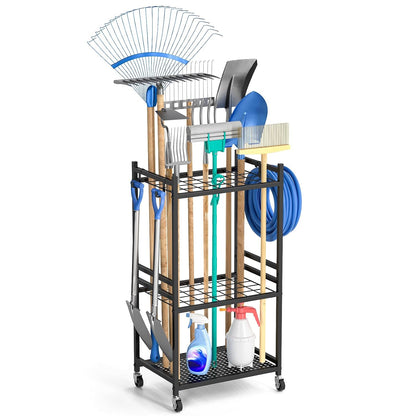 Garden Organizer With Wheels, Yard Tower Rack for Garage Storage, Up to 35 Long-Handled Tools, Sturdy Metal Steel Holder With 3 Hooks, Outdoor, Black