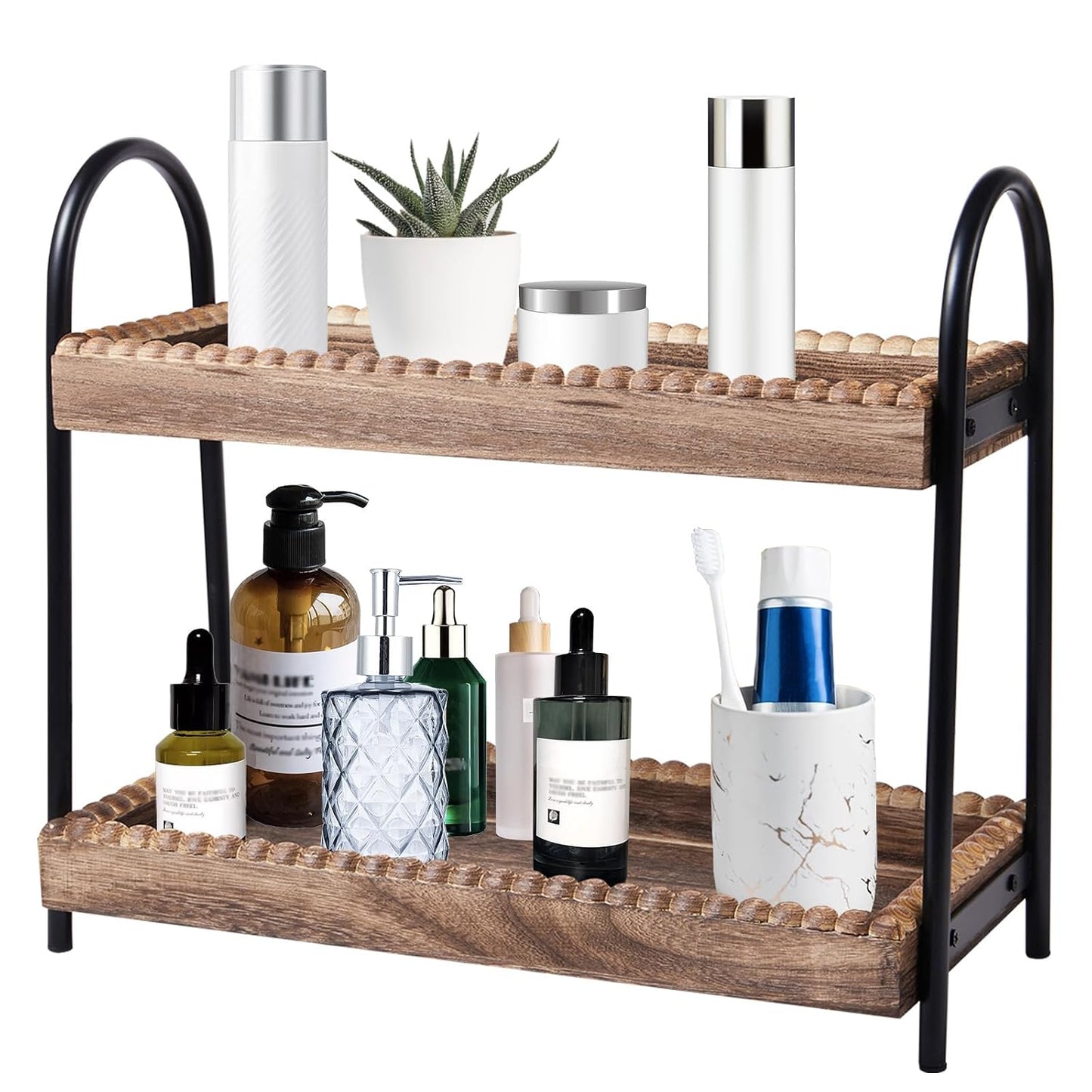 BDBDYEAY Bathroom Countertop Organizer, 2 Tier Vanity Organizer and Storage for Cosmetic Skincare Perfume, Wood Bead Storage Shelf for Bathroom Kitchen Coffee Station