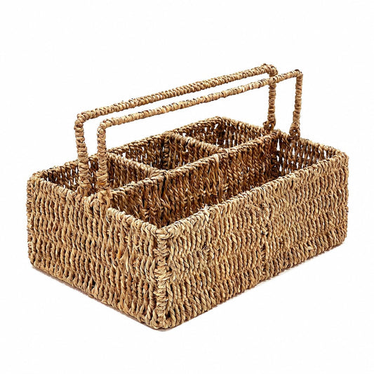 PEMAR Large L-Sized Hand Woven Utensil Caddy Carrier, Natural Jute Wicker Condiment Holder for Table, Kitchen Set Counter Top Silverware Organizer, Rustic Storage for Forks, Spoons, Seagrass