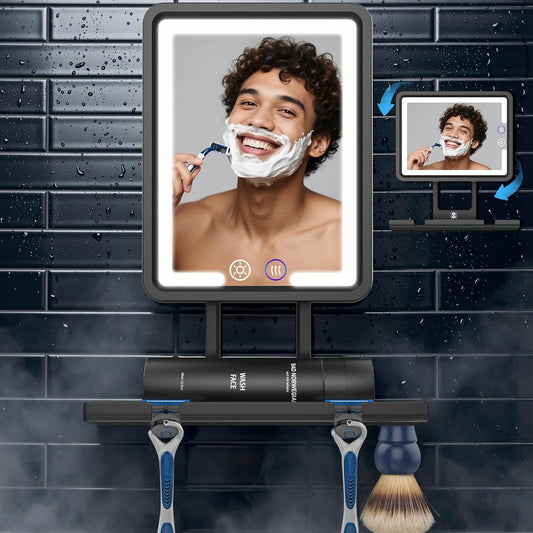 Shinowa Shower Mirror Fogless for Shaving with Light 360° Adjustable, Black | Rechargeable Anti-Fog Shaving Mirror, Large Storage Tray & Razor Holder, Dimmable Lights with 3 Colors, IP66 Waterproof