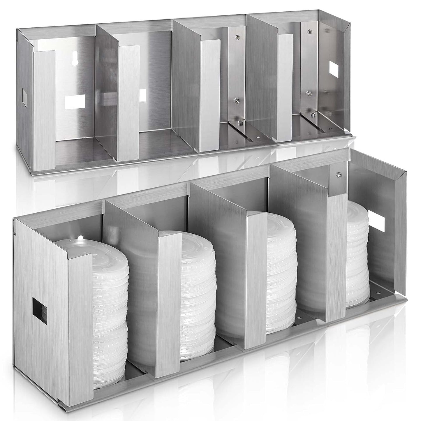 Hicarer 4 Compartments Stainless Steel Cup Dispenser with Adjustable Dividers Silver Cup and Lid Holder Lid Organizer Storage for Cabinet Kitchen Cafe Tea Shop Restaurant, Silver