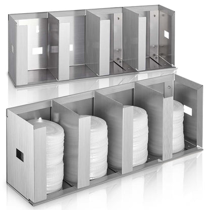 Hicarer 4 Compartments Stainless Steel Cup Dispenser with Adjustable Dividers Silver Cup and Lid Holder Lid Organizer Storage for Cabinet Kitchen Cafe Tea Shop Restaurant, Silver