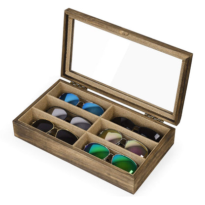 SRIWATANA Sunglasses Organizer, 6 Slots Eyeglass Holder, Carbonized Black | Wood Sunglass Storage Box with Clear Top Lid, Display Holder Case for Eyeglasses, Eyewear & Jewelry, Ideal Gift for Men Women
