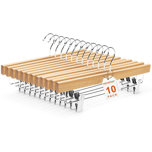HOUSE DAY Wooden Pants Hangers with Clips, 10 Pack Skirt Hangers, Natural | 14-Inch Wood Hangers with Adjustable Non-Slip Metal Clips & 360° Swivel Hooks, Heavy Duty for Jeans, Slacks, Trousers, Shorts