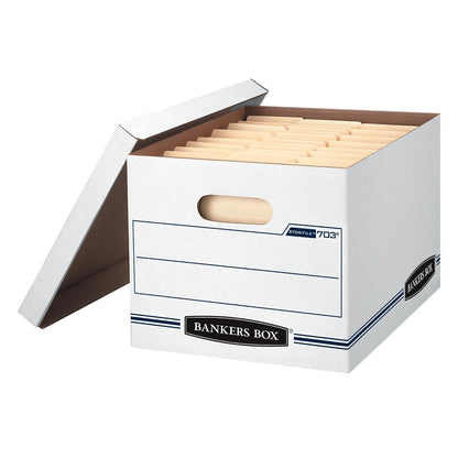Bankers Box 4-Pack Basic-Duty File Storage Box with Lid, Letter/Legal | Tame everyday paperwork with affordable file boxes, lift-off lids, and reinforced handles for simple record storage.