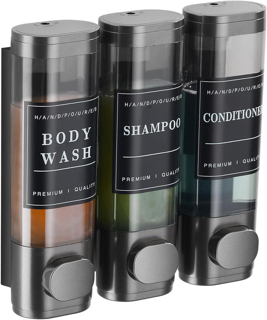 Cabo Deseado Shower Soap Dispenser Wall Mounted No Drill Shampoo Dispenser for Shower Wall Shampoo and Conditioner Dispenser Bathroom Hotel 3 * 350ml Gungray with Labels