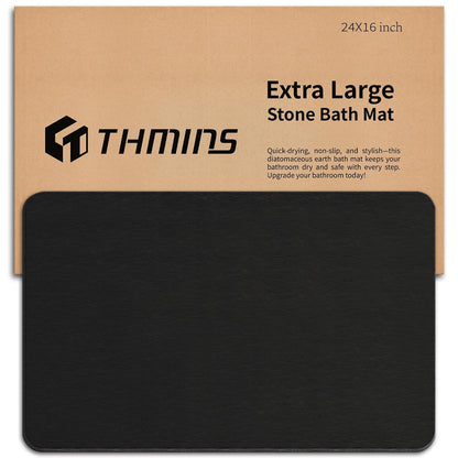 THMINS Black Stone Bath Mat, 24''x16'' Stone Shower Mat | Diatomite Stone Bath Mat, Super Absorbent, Quick-Drying, Non-Slip, and Easy to Clean for Bathroom