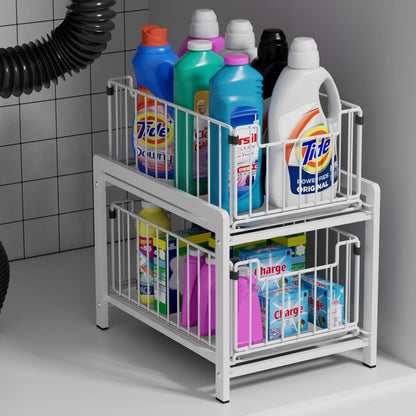 2-Tier Pull Out Cabinet Organizer, Slide Out Under Sink Organizer | Metal Cabinet Baskets with Mesh Sliding Drawer for Home, Office, Bathroom, Kitchen, Pantry Storage Shelf, Large White