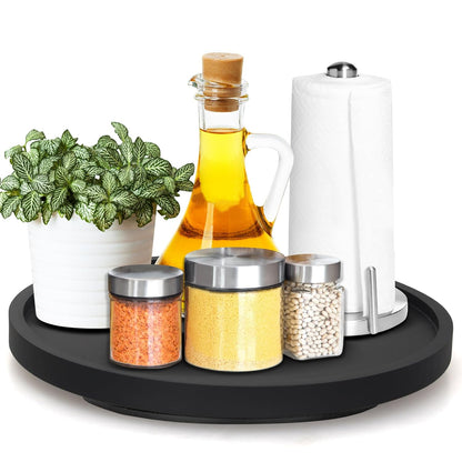 Wooden Lazy Susan for Table Top Organizer Round Tray Kitchen Counter Decor | 10" Small Black Wood Lazy Susan Turntable Cabinet Circle Rotating Bathroom Vanity Tray Coffee Bar Dining Table Accessories