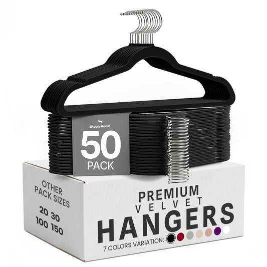 Utopia Home Velvet Hangers 50 Pack – Luxury Non-Slip Slim Hangers Black | Luxury Non-Slip Slim Pant & Coat Hangers, Strong Space-Saving Clothes Hangers with Pants Bar and 360° Swivel Hook