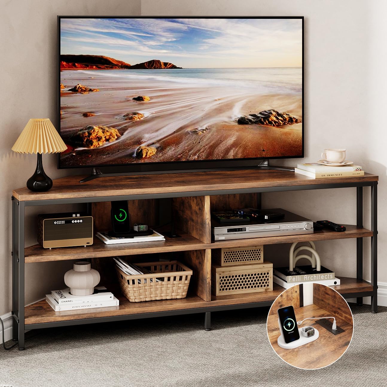 MUTUN Corner TV Stand with Power Outlet, Corner Entertainment Center for 32 43 50 55 60 Inch TV, Industrial Media Console Table for Living Room Bedroom, 55 Inch, Rustic Brown