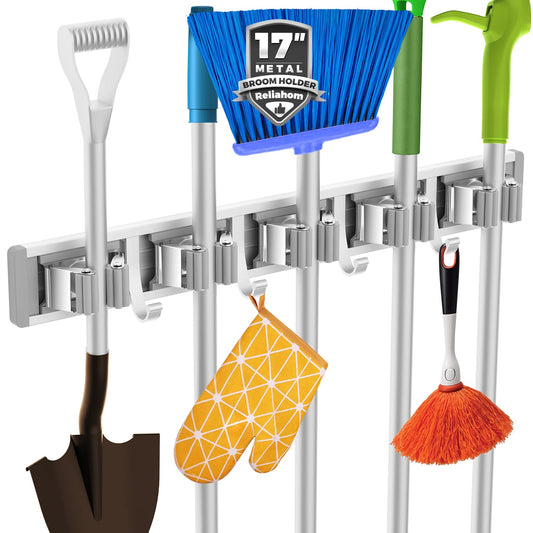 reliahom Broom Holder Wall Mount Mop Hanger Tools organizer 5Racks 4Hooks | Adjustable Mop Broom Wall Hanging Heavy duty Tools Storage Rack Space-saving for Garage,Kitchen,Laundry Room,Garden, Silver