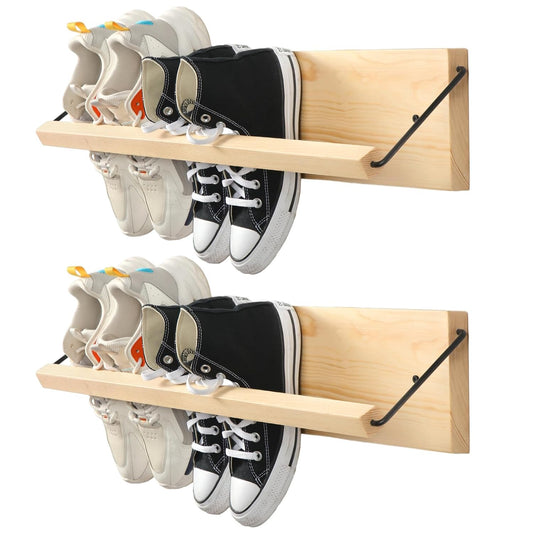 2 Pcs Wall Mounted Shoe Rack Organizer Wooden Modern Compact Wall Space Saving Shoe Holder Storage for Sneaker Footwear Slipper Boots Entryway Narrow Spaces Hallway(28.35'' Long)